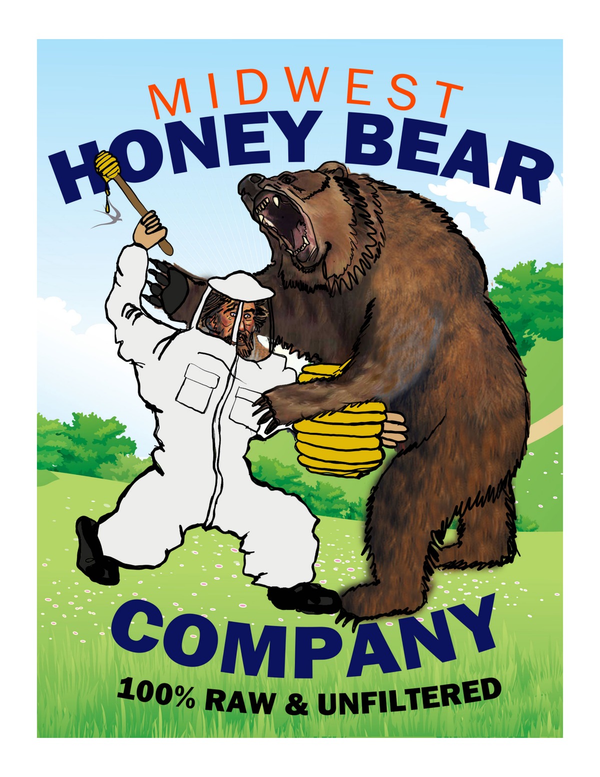 Midwest Honey Bear Company - Beekeeper and bear fighting over a honeycomb